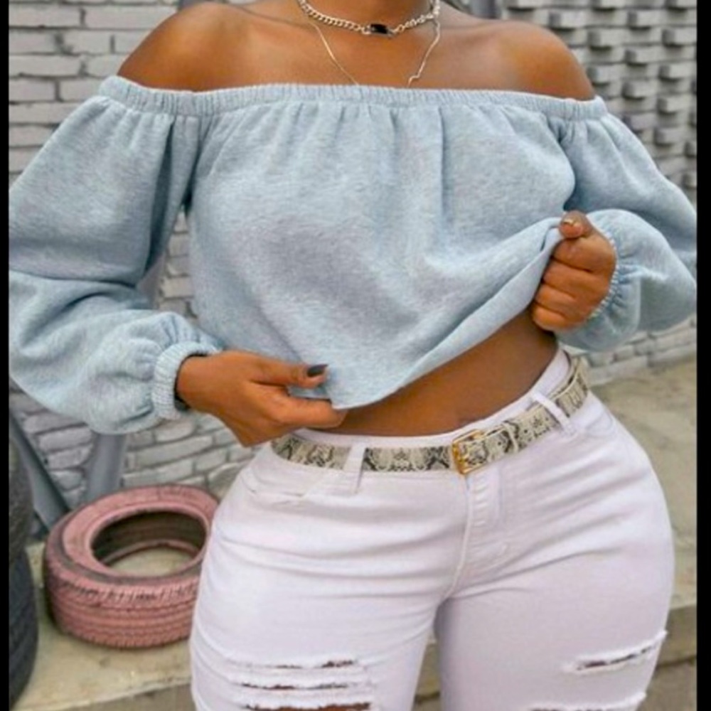 SXY Dew Shoulders Crop Elastic Trim Grey Shirt HTF